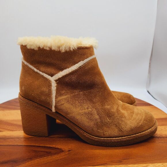 UGG Womens 8 Kasen Brown Suede Ankle Boots Booties Sheepskin Lined Block Heel - Picture 6 of 11
